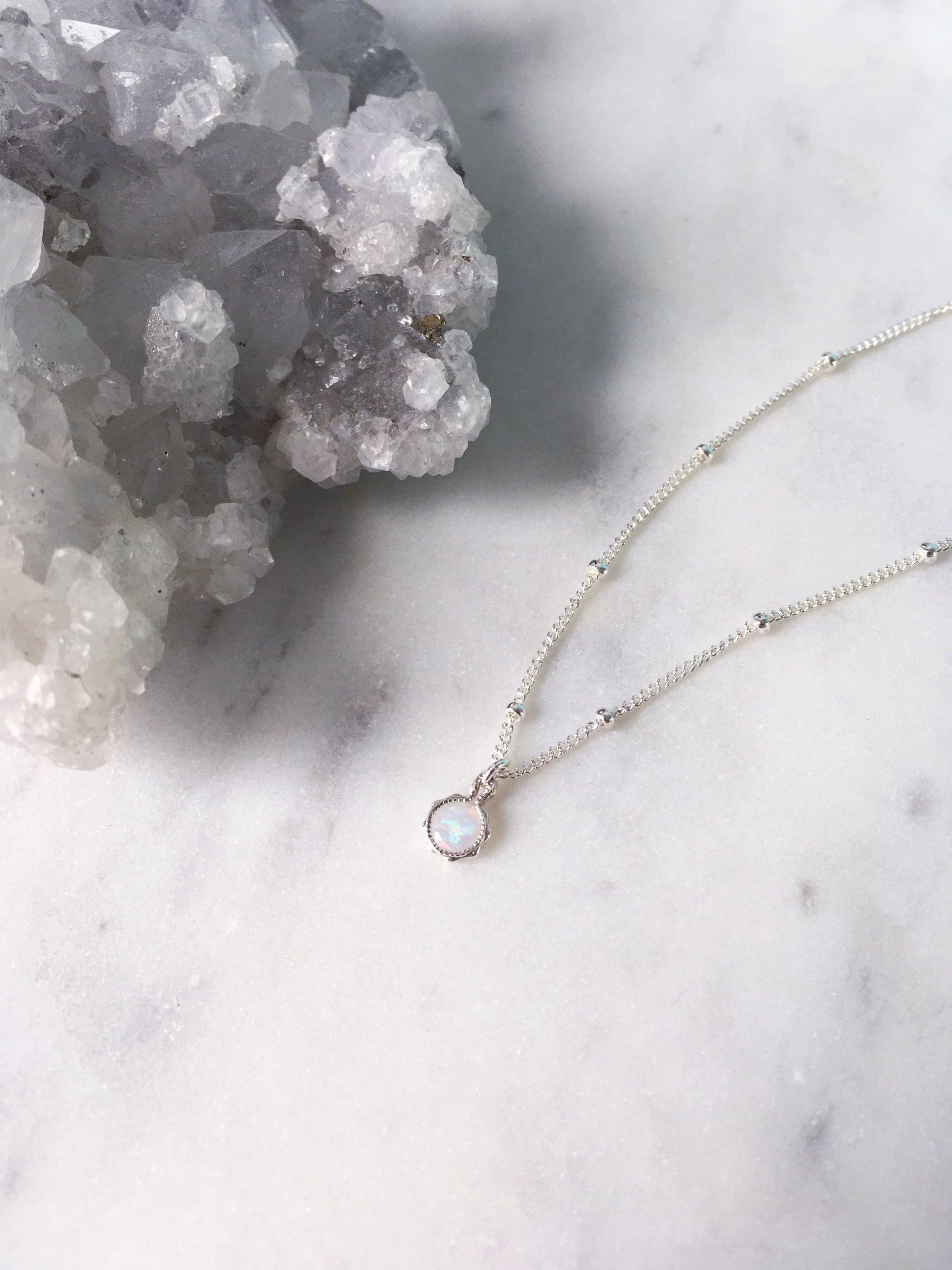 Australia Opal Necklace with a sterling silver solid white opal pendant and minimalist silver chain