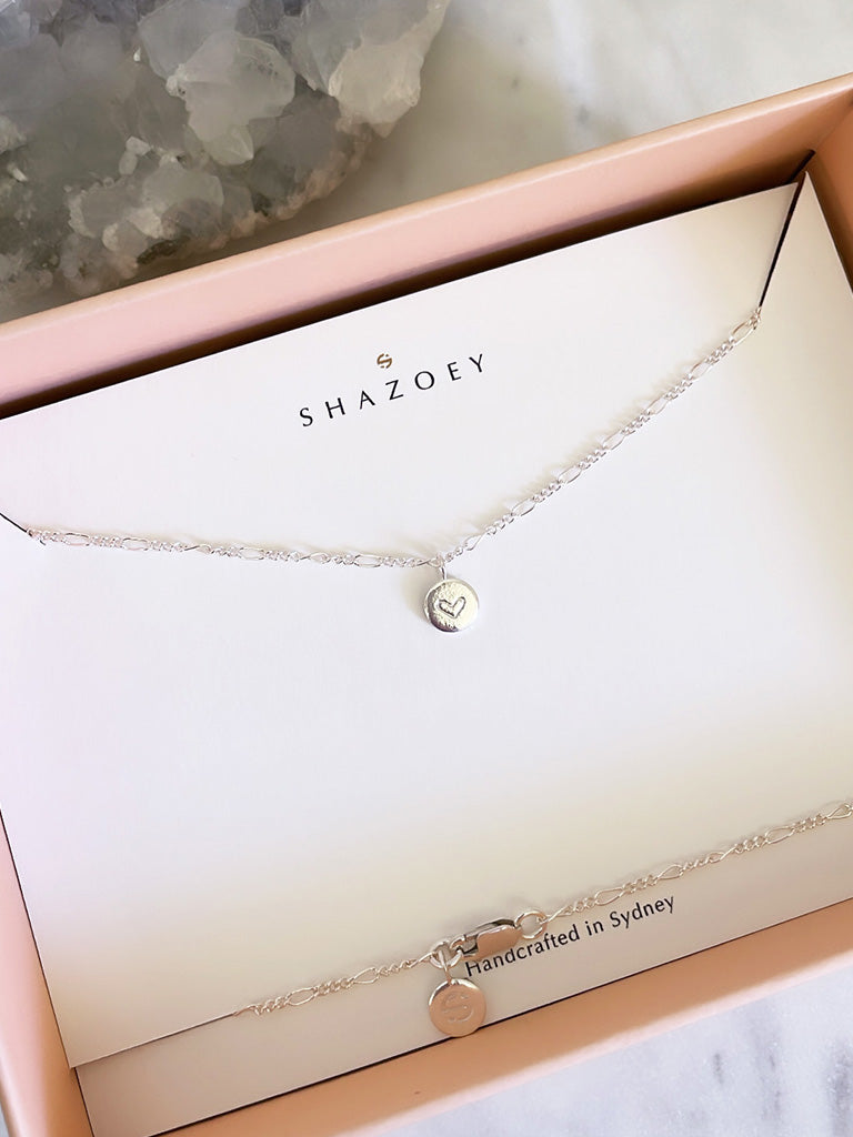 Custom heart sterling silver necklace with figaro chain in gift box for personalised jewellery gifts