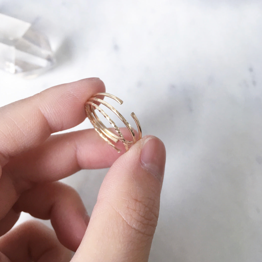 Thin gold rings as a set of 3 - hammered, twisted and classic minimalist gold ring bands