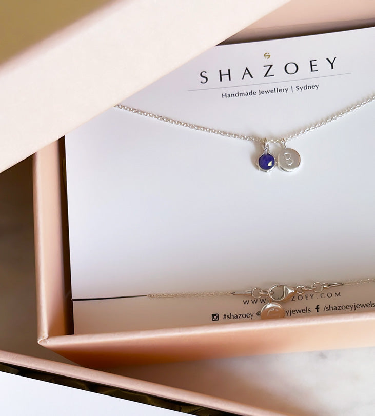 Birthstone necklace with September sapphire gemstone initial letter necklace