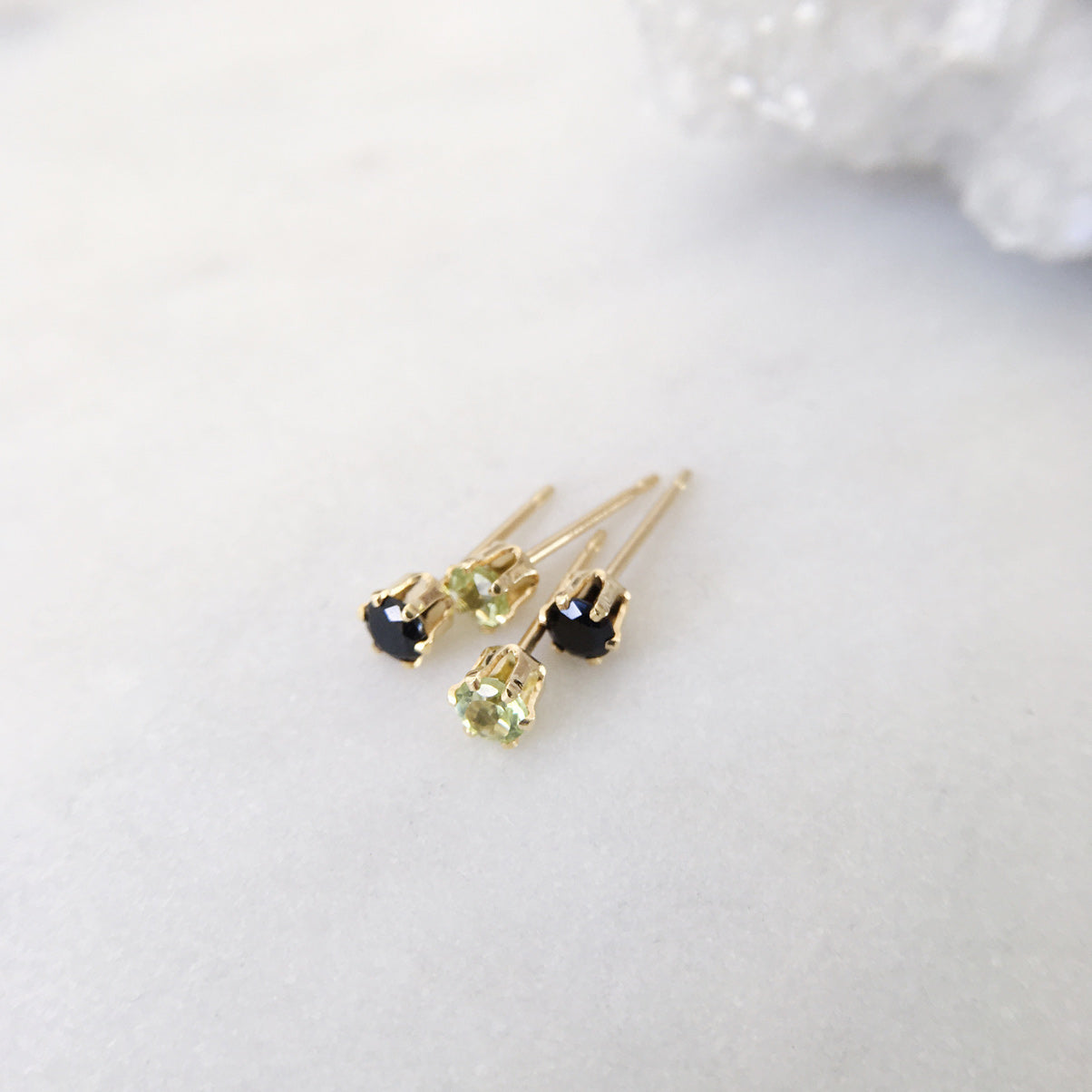 Tiny gemstone studs peridot and black spinel gold stud earrings 3mm Australian jewellery