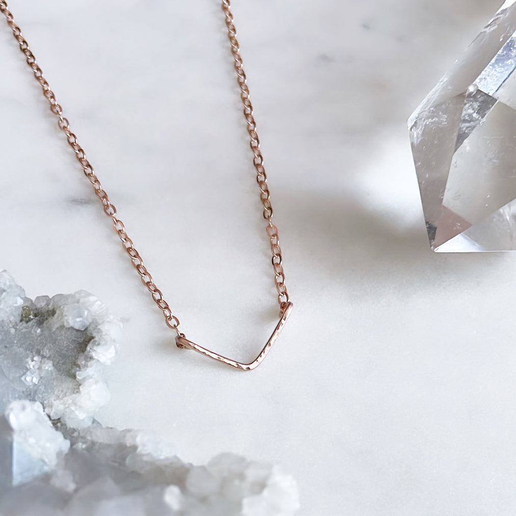 Minimalist rose gold necklace with hammered chevron in 14k rose gold filled handmade in Australia