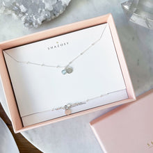 Aquamarine necklace sterling silver chain with initial tag in a SHAZOEY branded pink gift box