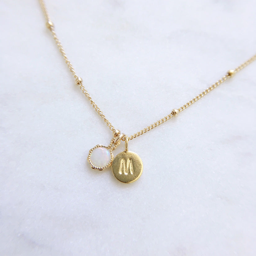 Australian Opal Necklace with personalised letter pendant on a minimalist gold dot chain