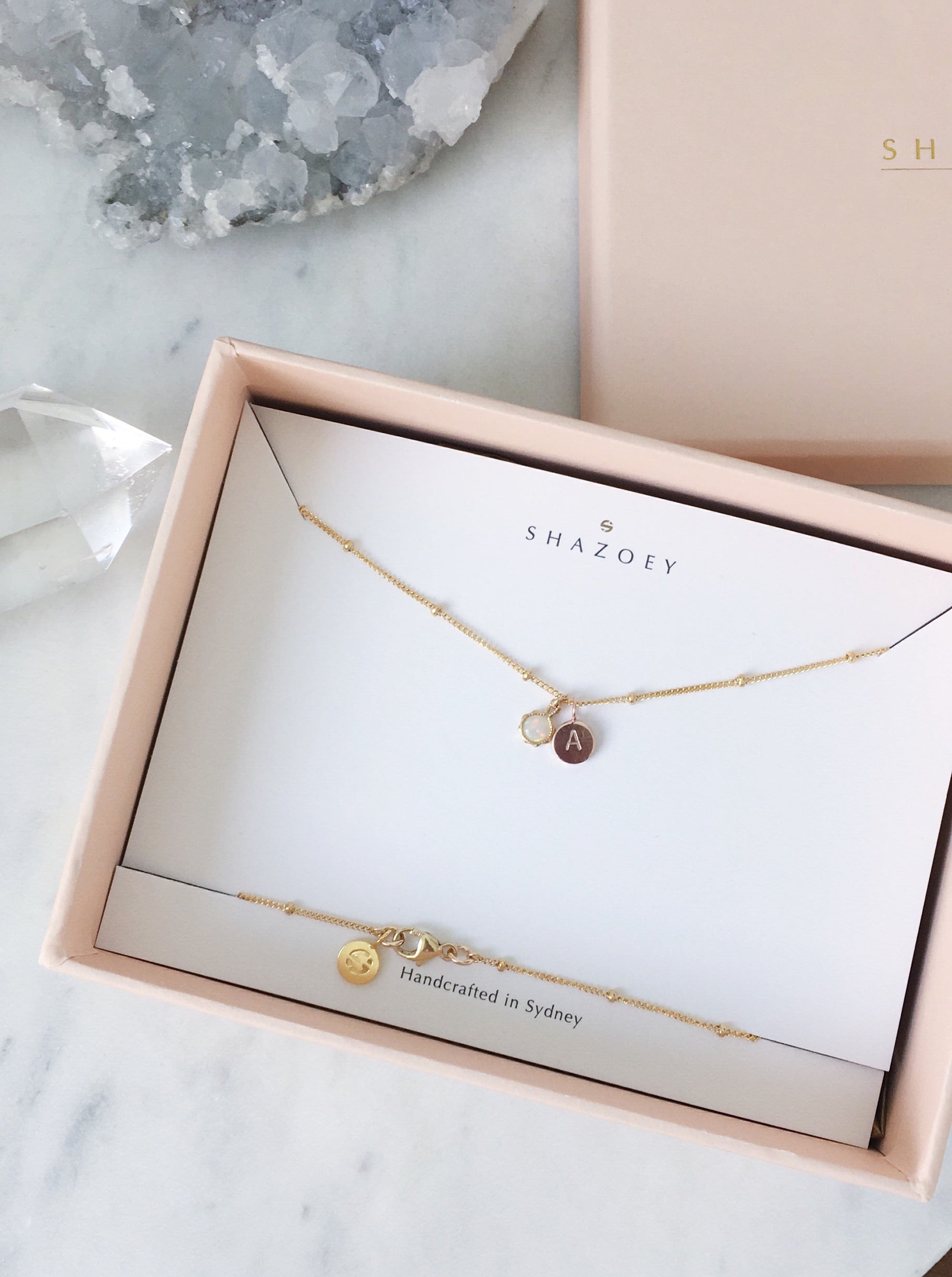 Australian handmade jewellery personalised initial necklace with an Australian opal birthstone pendant in gift box