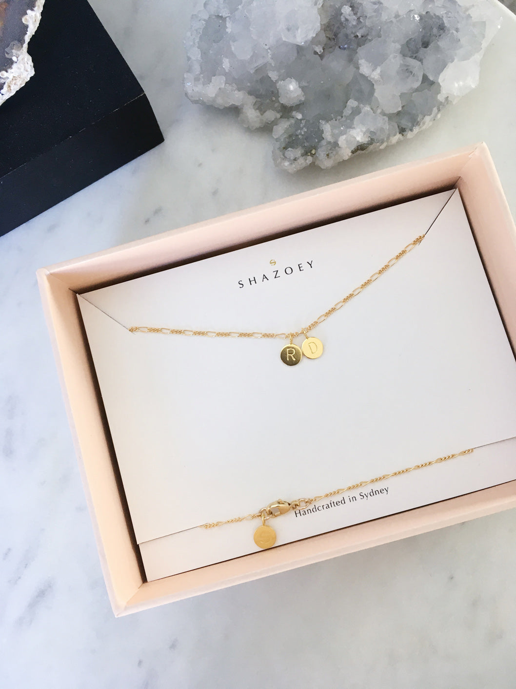 Custom gold necklace initials with 14k gold filled figaro chain in gift box personalised for mum and grandmothers