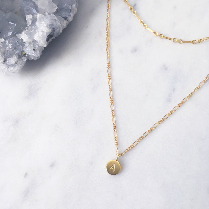 Personalised gold initial necklace with custom letter pendant on 14k gold filled figaro chain