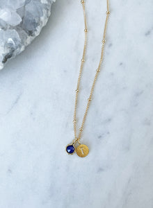 Blue sapphire necklace with letter initial pendant in gold