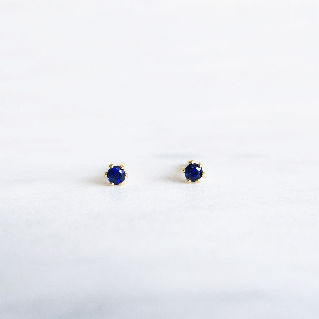 Little blue sapphire earring studs in gold tiny 2mm
