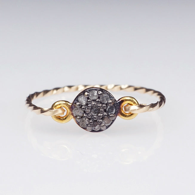 Statement rough diamond ring featuring tiny diamonds in an oxidised setting with a 14k gold filled twisted band