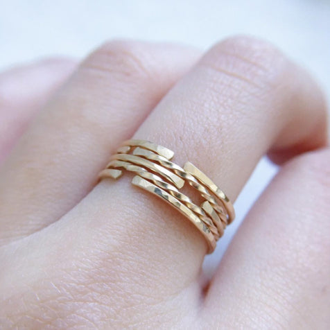 Stacking rings in 14k gold filled with hammered and textured finishes