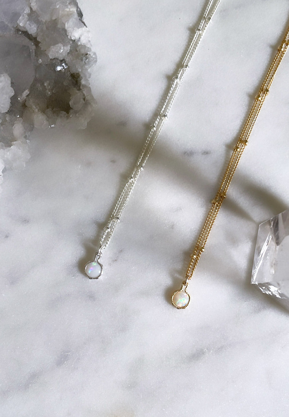 Solid Australian white opal necklace handcrafted in 14k gold filled and sterling silver