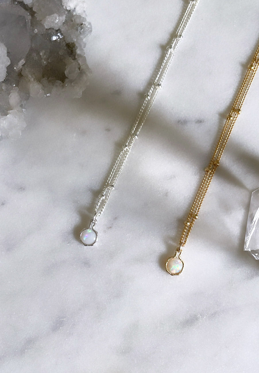 Birthstone necklaces with solid Australian white opal pendants on 14k gold filled and sterling silver chains, perfect jewellery gifts for mums
