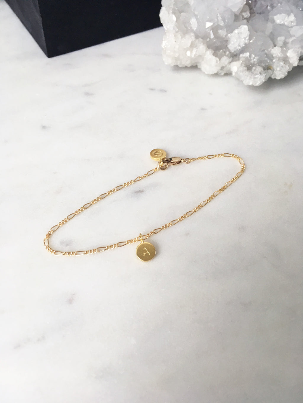 Dainty gold bracelet with initials on gold figaro chain