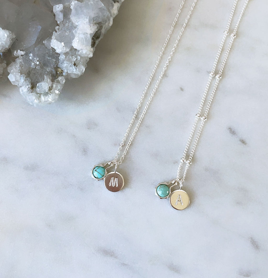 Silver turquoise birthstone necklaces personalised with round initial letter pendants
