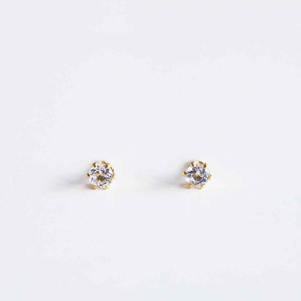White topaz round gemstone studs 3mm in 6 prong 14K gold filled settings