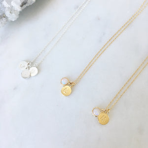 Three custom alphabet necklaces with Australian opal pendants in gold and sterling silver