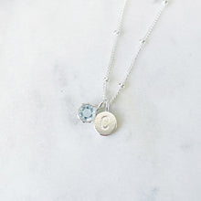 March birthstone Aquamarine necklace in sterling silver personalised with an initial pendant