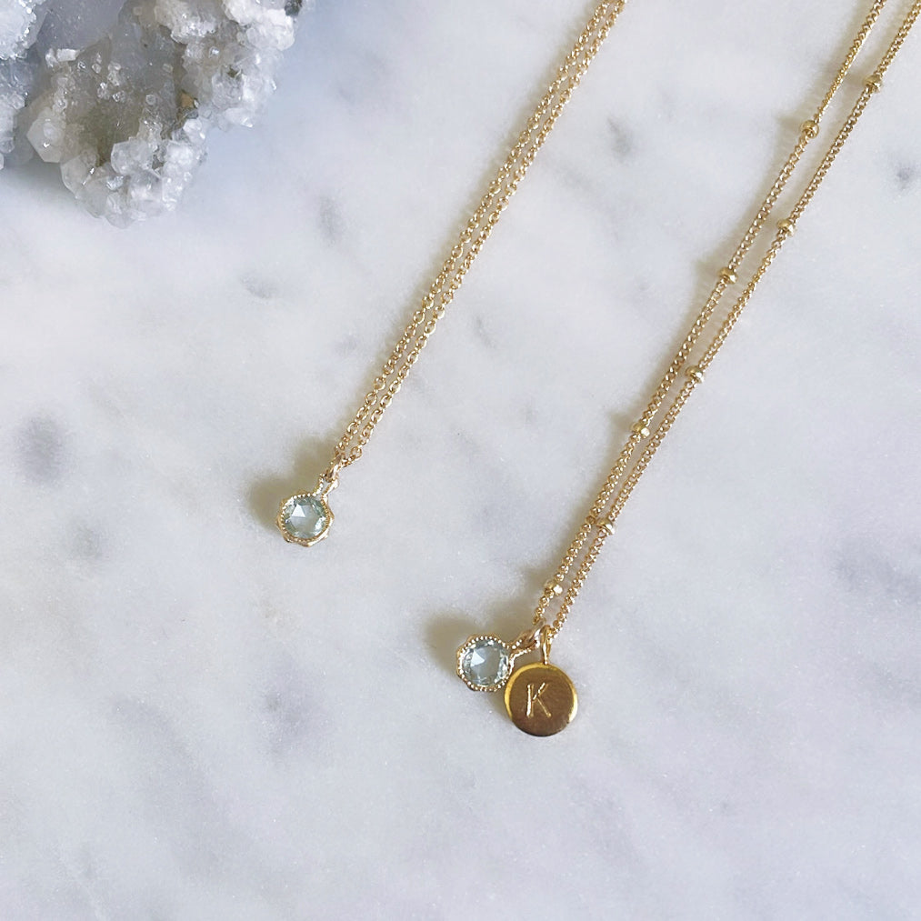 Aquamarine necklaces with gold cable and dotted chains, can be personalised