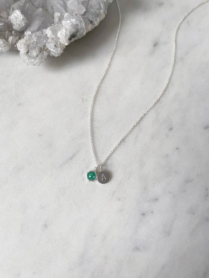 Sterling silver emerald necklace with personalised silver initial pendant charm handcrafted in Sydney Australia