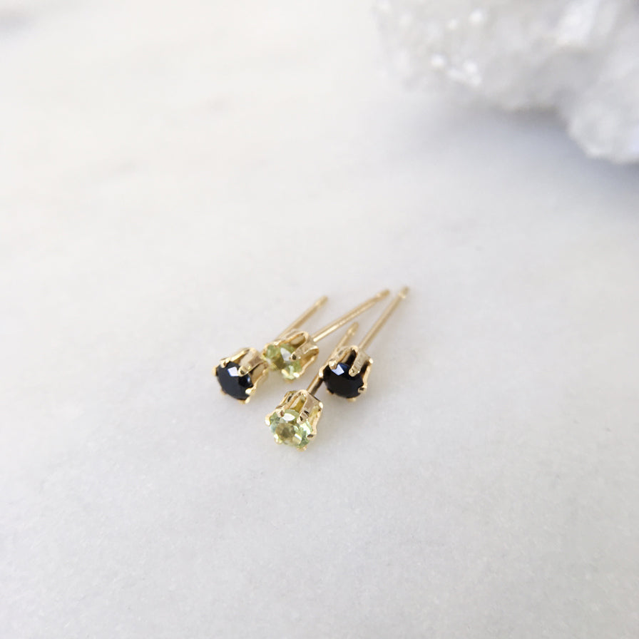 Tiny gemstone studs peridot and black spinel gold stud earrings 3mm Australian jewellery