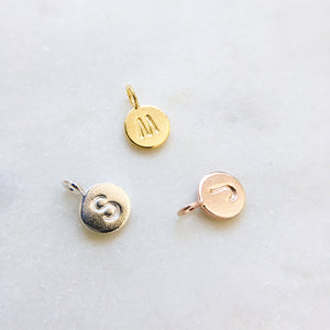 Custom letter initial tags for necklaces in gold, sterling silver and rose gold 